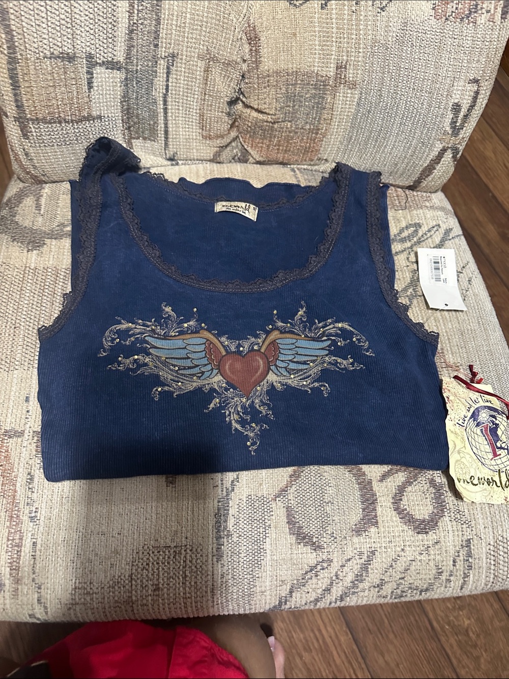 Emerald Sundae Indigo Blue Lace-Trim Winged Heart Tank